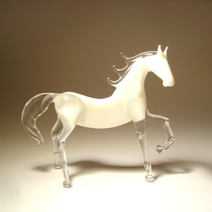 White Glass HORSE Figurine - Handmade Blown Glass Art Animal with Raised Leg - Unique Equestrian Decor, Gift for Horse Lover