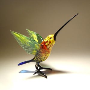 Handmade Blown Glass Figurine Art Bird Yellow and Blue HUMMINGBIRD with a Long Beak - Thoughtful and Elegant Gift for the Holidays