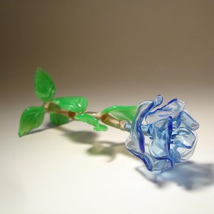 Blown Glass Rose Figurine - Handmade Blue Art Glass Flower