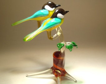 Handmade Blown Glass Art Figurine Bird Two Blue and Yellow Chickadee Birds on a Branch