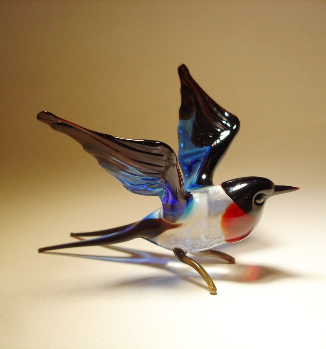 Blown Glass Figurine Bird Swallow Blue and Black with Red Etsy