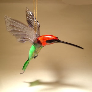 Handmade Blown Glass Art Figurine Hanging Green Purple Hummingbird Bird Ornament with Red Head  Amazing Ornament or Unique & Elegant Gift