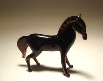 Handmade Blown Glass Art Animal Figurine Small Black Horse
