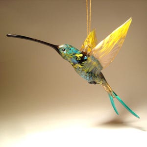 Blown Glass Hummingbird Ornament -  Handmade Aqua Blue & Yellow Swallowtail - Christmas Tree Decor