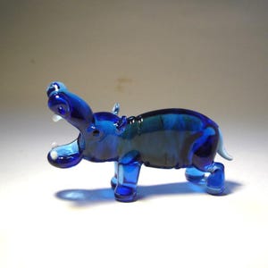 Handmade Blown Glass Figurine Art Animal Blue Hippo Hippopotamus with Open Jaws