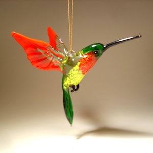 Blown Glass Hummingbird Ornament - Handmade Red, Green, and Yellow Hanging Bird - Christmas Tree Decor