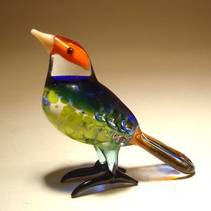 Handmade Blown Glass Small Blue, Yellow and Orange Finch Bird Figurine