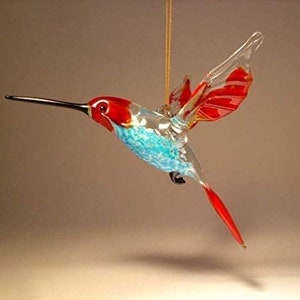 Handmade Blown Glass Figurine Art Bird Dark Red and Blue Hanging HUMMINGBIRD Ornament