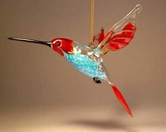 Handmade Blown Glass Figurine Art Bird Dark Red and Blue Hanging HUMMINGBIRD Ornament