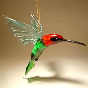 Handmade Blown Glass Figurine Art Red and Green Bird Hanging Hummingbird Ornament