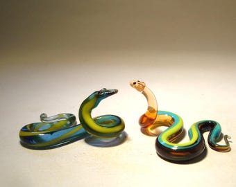Handmade Blown Glass Reptile Figurine - Two Blue, Yellow and Tan Snakes Couple - Halloween Decor