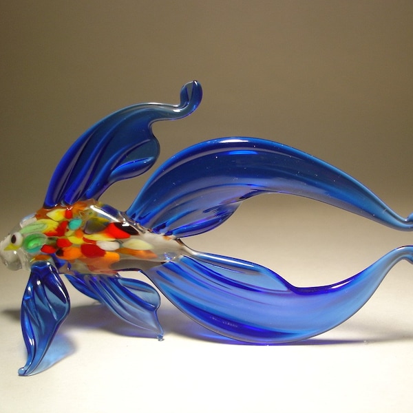 Handmade Blown Glass Art Figurine Blue Betta Fish with Red and Yellow Body - Great gift, Collectable