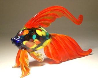 Handmade Blown Glass Art Figurine Orange Exotic Fish with Colorful Body