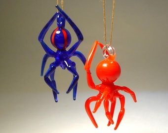 Blown Glass Spider Figurine - Red and Blue Halloween Ornaments