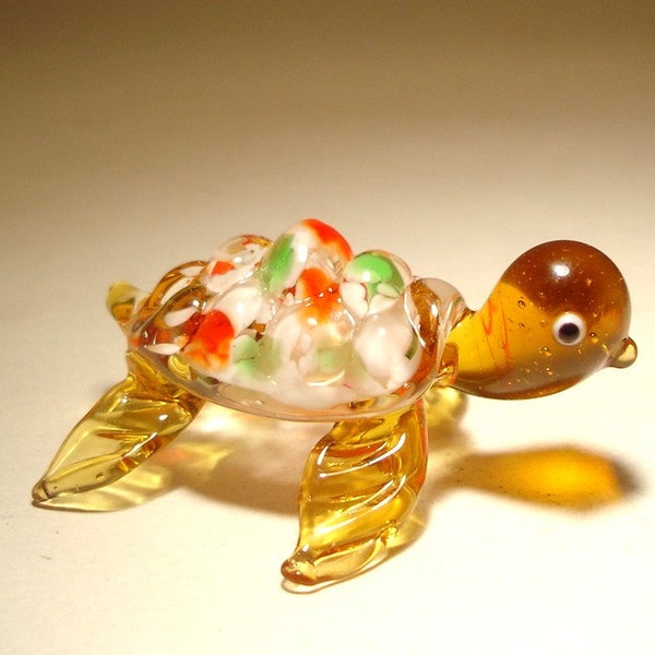 Handmade Blown Glass Art Small Animal Light Brown Turtle Tortoise Figurine with Spotted Back