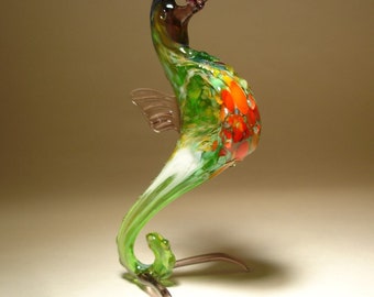 Handmade Blown Glass Art Figurine Green, White and Red Fish SEAHORSE