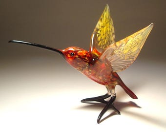 Handmade Blown Glass Figurine Art Bird Red and Yellow HUMMINGBIRD with a Long Beak