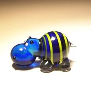 Handmade Blown Glass Art Animal Figurine Small Blue & Yellow Striped Hippopotamus HIPPO