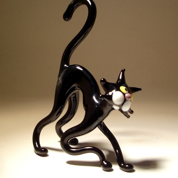 Handmade Blown Glass Art Figurine Animal Black Cat with a Curved Back