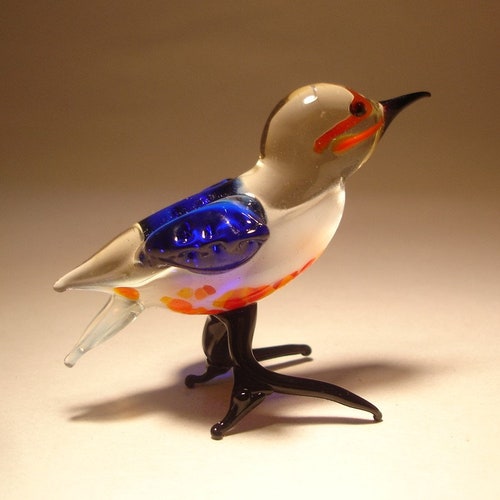 Handmade  Blown Glass Figurine Art Baby Blue and Red Bird Bluebird