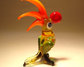 Handmade  Blown Glass Figurine Art Green and Clear Bird Cockatoo Parrot with Orange Crest Figure