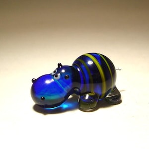 Handmade Blown Glass Art Animal Figurine Small Blue & Yellow Striped Hippopotamus HIPPO