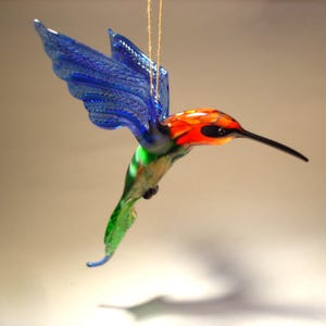 Handmade Blown Glass Art Figurine Hanging Blue and Green Hummingbird Bird Ornament with Red Head