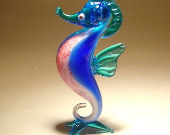 Blown Glass SEAHORSE Figurine - Handmade Aqua, Blue and Pink Art Fish
