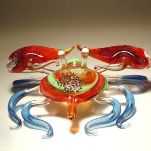 Handmade Blown Glass Figurine Art Sea Creature Green and Blue CRAB with Red Claws