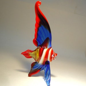 Handmade Blown Glass Art Figurine Blue with Red and White Stripes ANGELFISH Fish