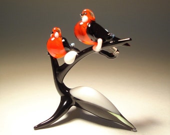 Handmade Blown Glass Figurine Art Red and Black Birds on a Snowy Branch Great Gift