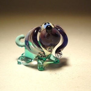 Handmade Blown Glass Art Figurine Animal Small Purple and Green Puppy Dog with Big Ears