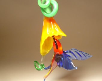 Blown Glass Figurine Bird Hanging Red and Blue Green HUMMINGBIRD and Yellow Flower Ornament
