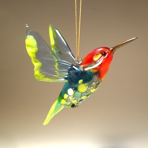 Handmade Blown Glass Figurine Art Bird Dark Red, Blue and Yellow Hanging HUMMINGBIRD Ornament  Elegant and Thoughtful gift for any Occasion