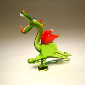 Handmade Blown Glass Figurine Small Green Baby DRAGON with Red Wings