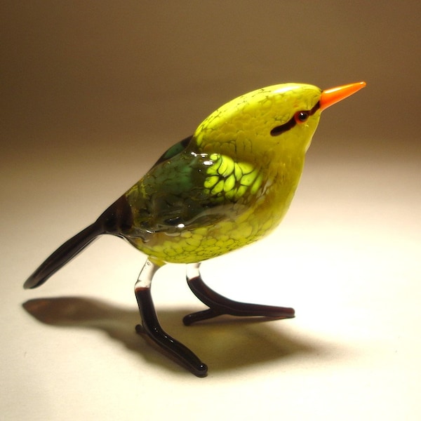 Handmade  Blown Glass Figurine Art Yellow and Black Bird Figurine with Red Beak