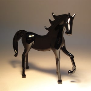 Handmade  Blown Glass Figurine Art Animal Black HORSE with a Raised Leg