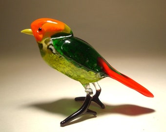 Handmade  Blown Glass Figurine Art Green and Red Bird Figurine Great Gift Collectable
