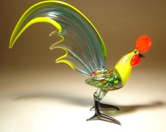 Handmade  Blown Glass Figurine Art Bird Green and Yellow ROOSTER Figure