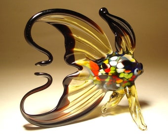 Handmade Blown Glass Art Figurine Black, Red and Clear Fish with an Arched Tail