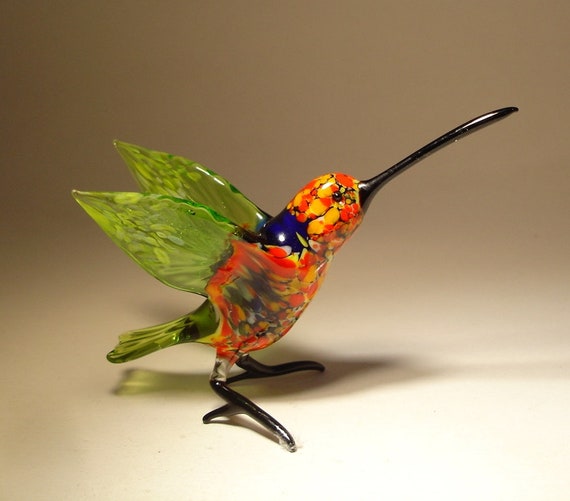 Red and Green Hummingbird Figurine Beautiful Blown Glass Blue