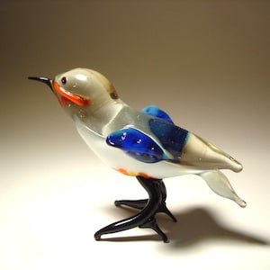 Handmade Blown Glass Figurine Art Baby Blue and Red Bird Bluebird