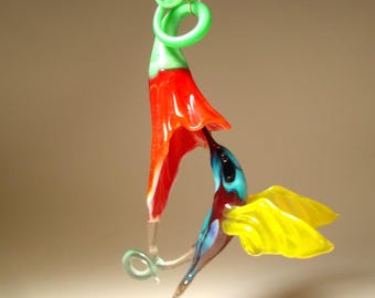 Blown Glass Hummingbird Ornament: Yellow Bird, Red Flower, Handmade Figurine