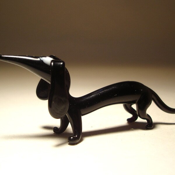 GLASS DOG Handmade Blown Glass Small Glass Black Wiener Dachshund DogFigurine