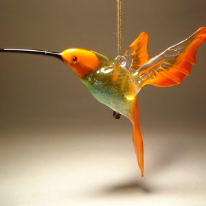 Handmade Blown Glass Figurine Art Bird Orange and Green Hanging HUMMINGBIRD Ornament - Great Gift