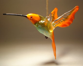 Handmade Blown Glass Figurine Art Bird Orange and Green Hanging HUMMINGBIRD Ornament - Great Gift