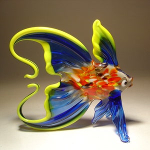Handmade Blown Glass Art Figurine Blue and Yellow Fish with an Arched Tail