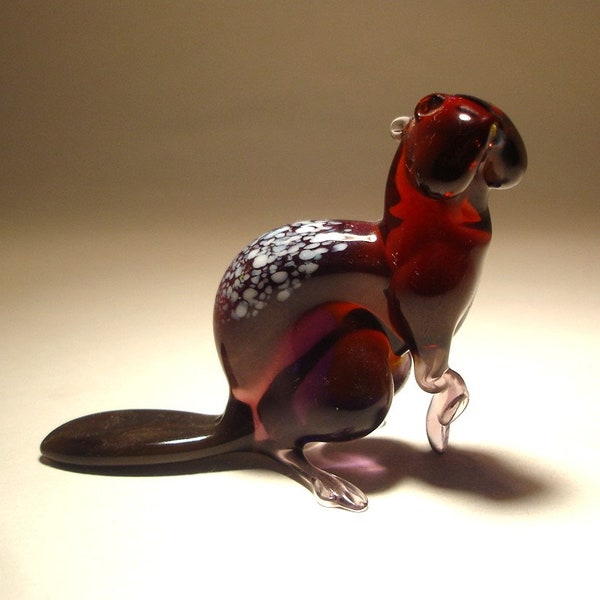 Handmade Blown Glass Art Figurine Animal  Brown BEAVER with a Head Turned