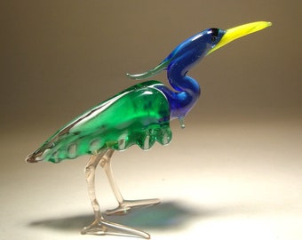 Handmade Blown Glass Art Blue and Aqua HERON Bird  Figurine