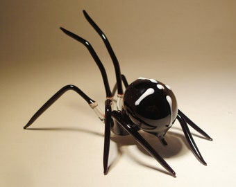 Blown Glass Figurine Art Insect Black SPIDER with a White Cross on Back